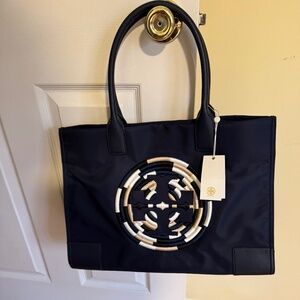 Tory Burch "Ella" Embroidered Logo Nylon Tote in French Navy, Large NWT